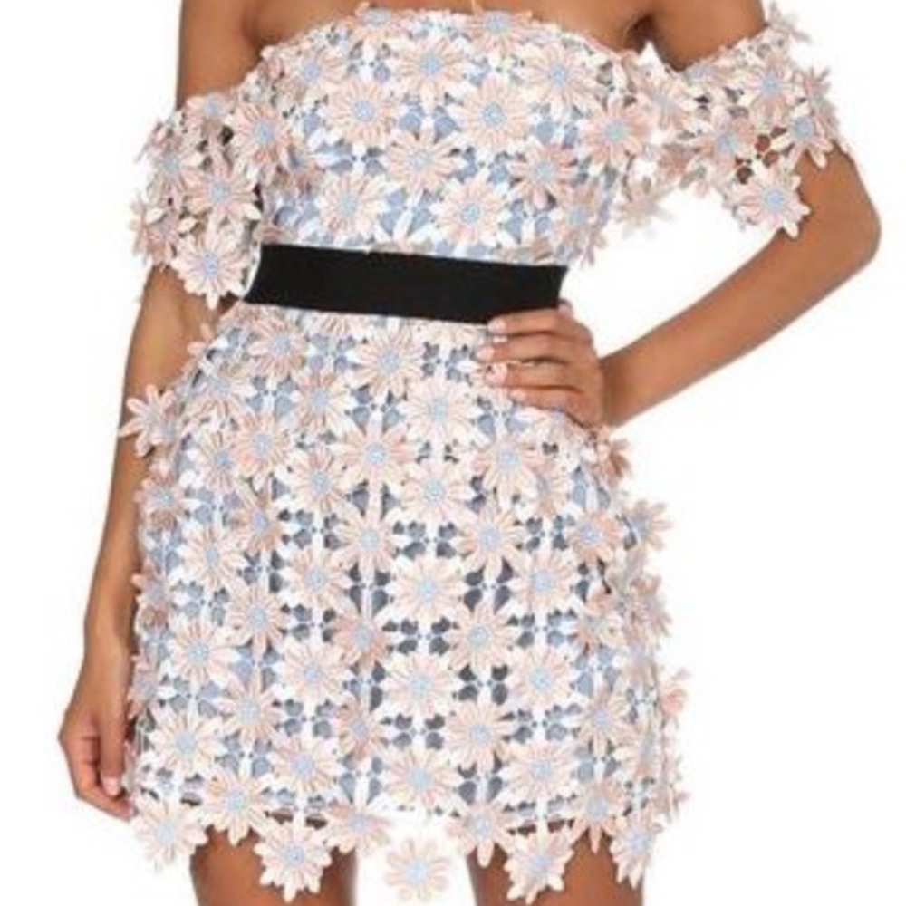 Self-Portrait Off Shoulder Floral Crochet Mini Dress